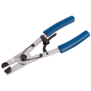 The Draper Motorcycle Brake Piston Pliers, 240mm - MBPP1 by Draper feature blue handles and are designed for crimping or cutting wires. They come equipped with metal jaws, a latch mechanism, and a self-locking mechanism to ensure a secure grip.