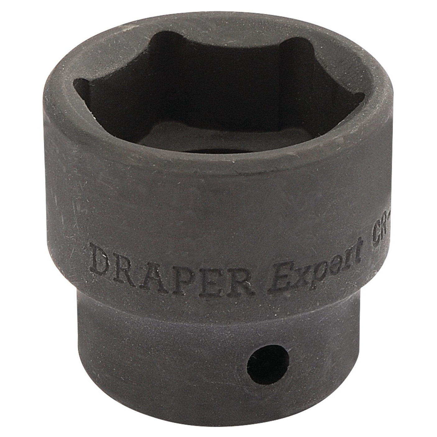 A black Draper Expert Hi-Torq® Impact Socket, 1/2" square drive, 30mm with a hexagonal opening and an inscription on the side, designed for air or electric wrenches.