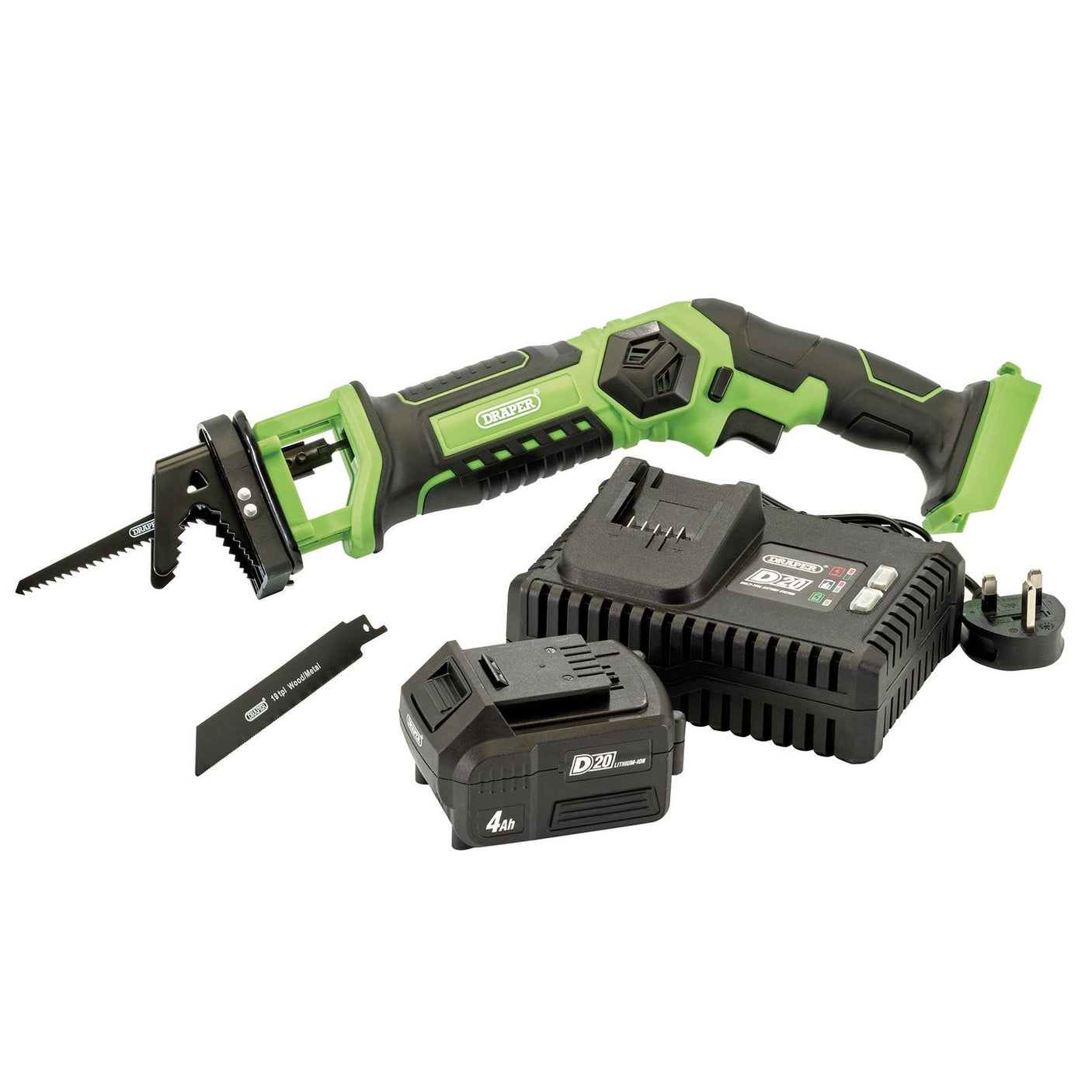 A Draper D20 20V Pruning Saw in green and black, featuring a D20 battery technology with one 4.0Ah lithium-ion battery, a fast charger, and an extra blade is displayed on a white background.