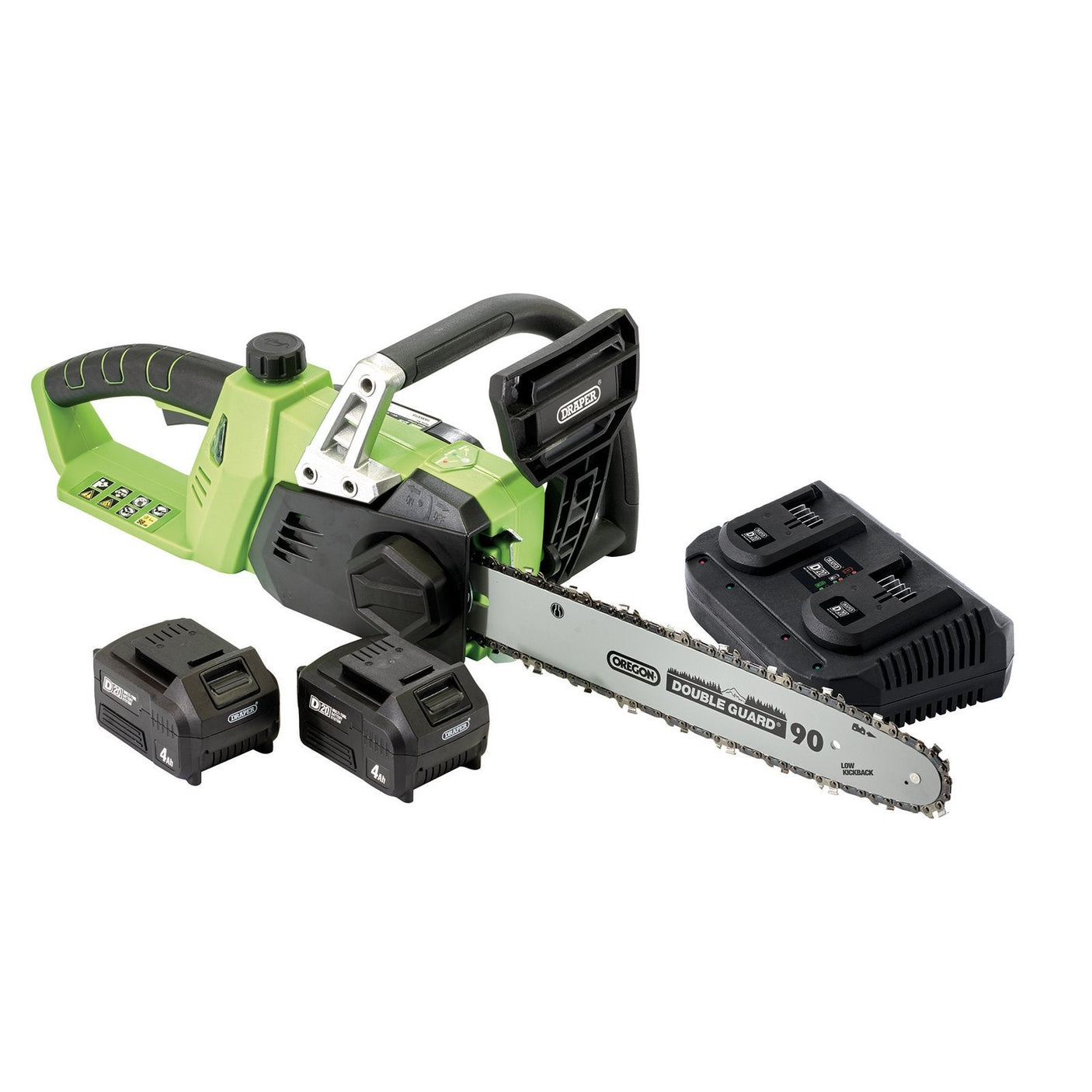 The Draper D20 40V Chainsaw, featuring a green and black design with an Oregon bar and chain, comes with two rechargeable 4.0Ah batteries and a fast charger, all displayed on a white background.