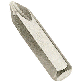 A close-up of the Draper Cross Slot Impact Screwdriver Bit, No.2 - 2800M/CS, featuring a silver finish, an 8mm hexagon shank, and a cross-shaped tip on a white background.