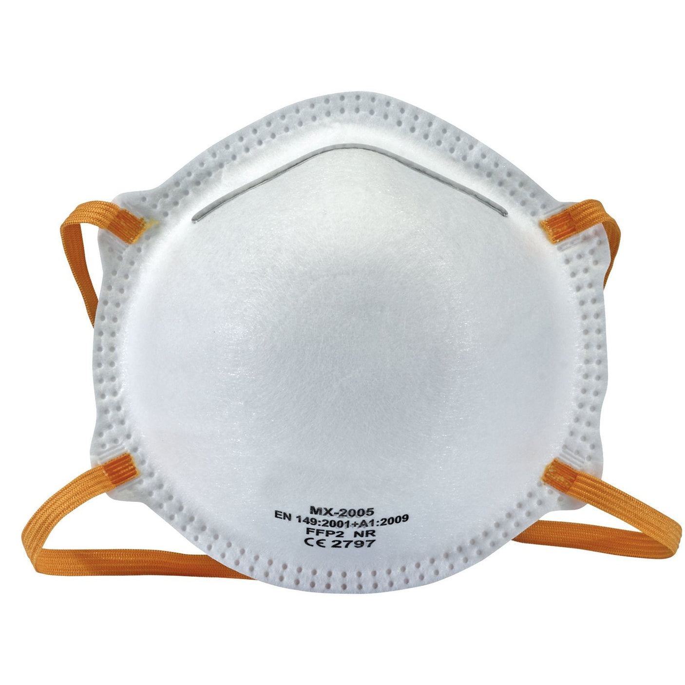 A Draper Ffp2 Nr Moulded Dust Mask, part of the FM-FFP2-CM/20 pack, featuring white construction with orange elastic straps and text indicating model MX-2005. It meets European standards EN 149:2001+A1:2009 FFP2 NR and CE 2797 compliance. This disposable face mask adheres to the stringent EN149-FFP2 specification for reliable protection.