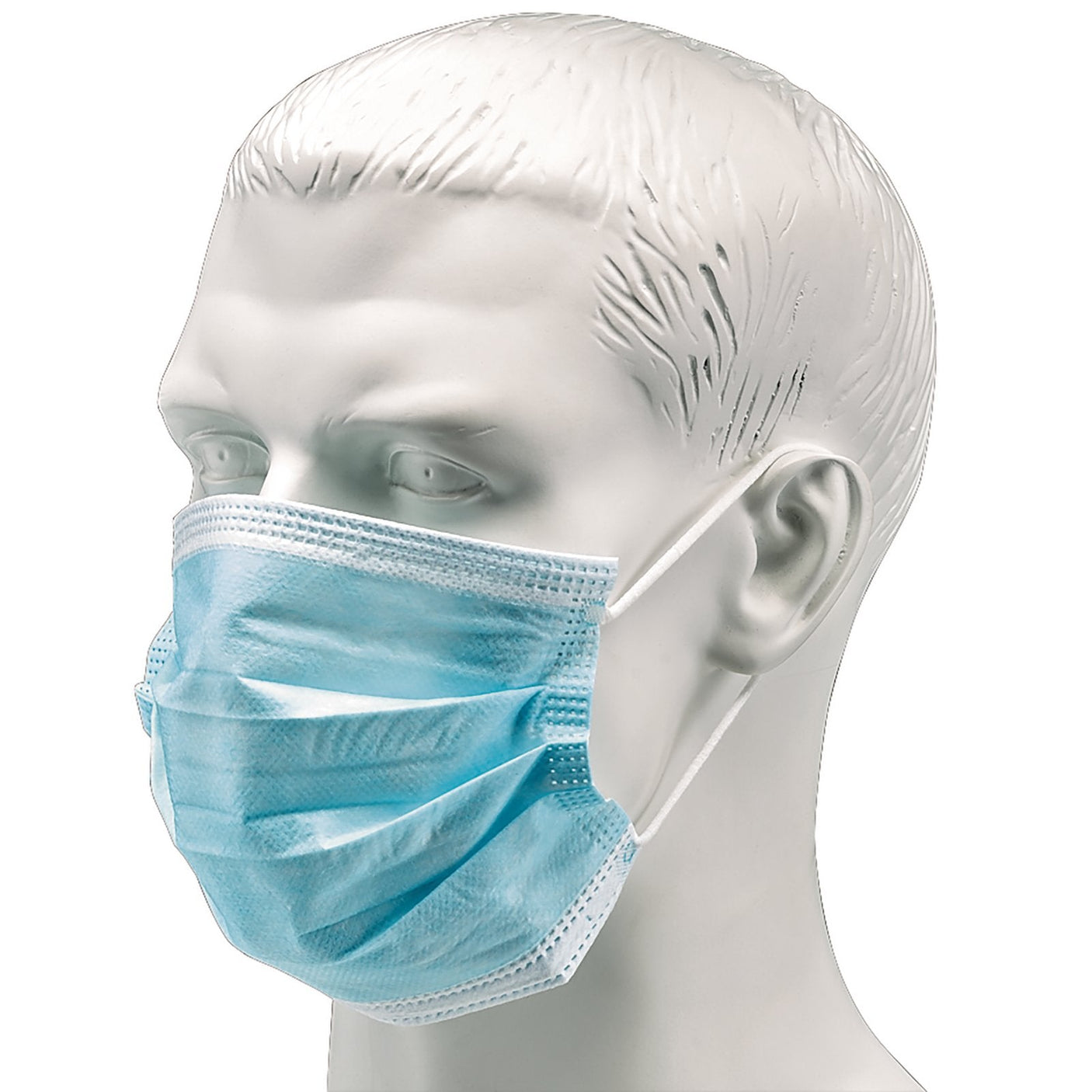 A white mannequin head wearing a Draper Disposable Face Mask (Pack Of 50) - CMFM/50, ideal for protection against non-toxic dust particles.