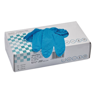 A box of Draper Nitrile Gloves, Large, Blue (Pack Of 100) - NGSB-100L/UNI is open, revealing several single-use gloves partially removed from the container. The box features a checkered pattern and labels indicating size, brand name, and manufacturing details, highlighting the superior strength of these versatile gloves.