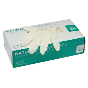 A box of Draper Latex Gloves, size medium, white, with a pair partially removed from the box. The box contains 100 single-use, powder-free gloves (Model: GLAT-100M/NEUT).