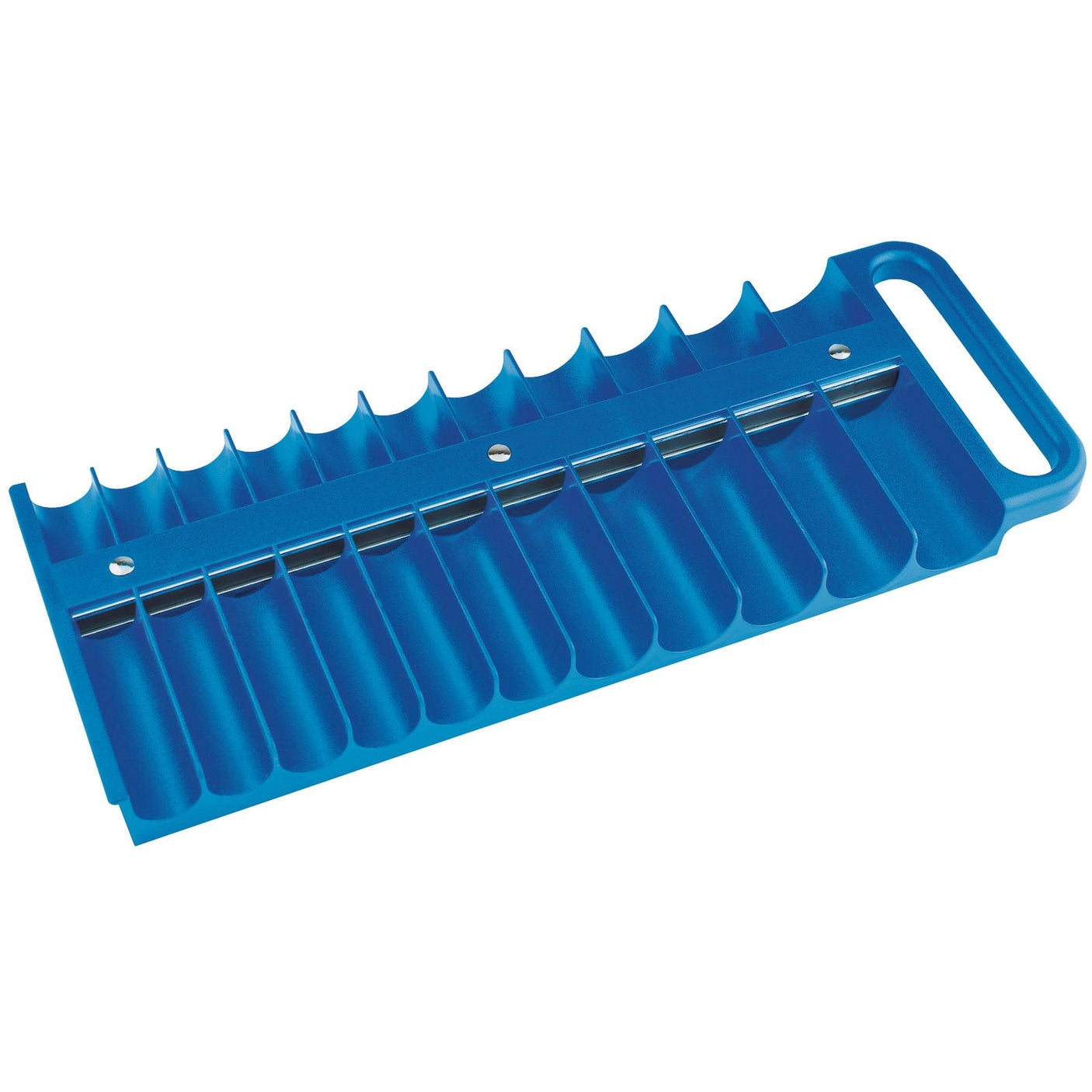 The Draper 1/2" Magnetic Socket Tray For 22 Sockets - ST22, made of high-impact ABS plastic with multiple slots for organizing tools or parts, features a handle on one end. Perfect for mobile mechanics.