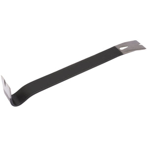 The Draper Pry Bar with Nail Puller, 380mm - PB is a black flat tool with one curved and one straight end, featuring chisel ends and slots for nail removal. It is crafted from durable carbon steel.