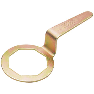 The Draper Cranked Immersion Heater Wrench, featuring an 85mm - 3.3/8" octagonal open ring on one end and a handle on the other, is ideal for immersion heater maintenance.