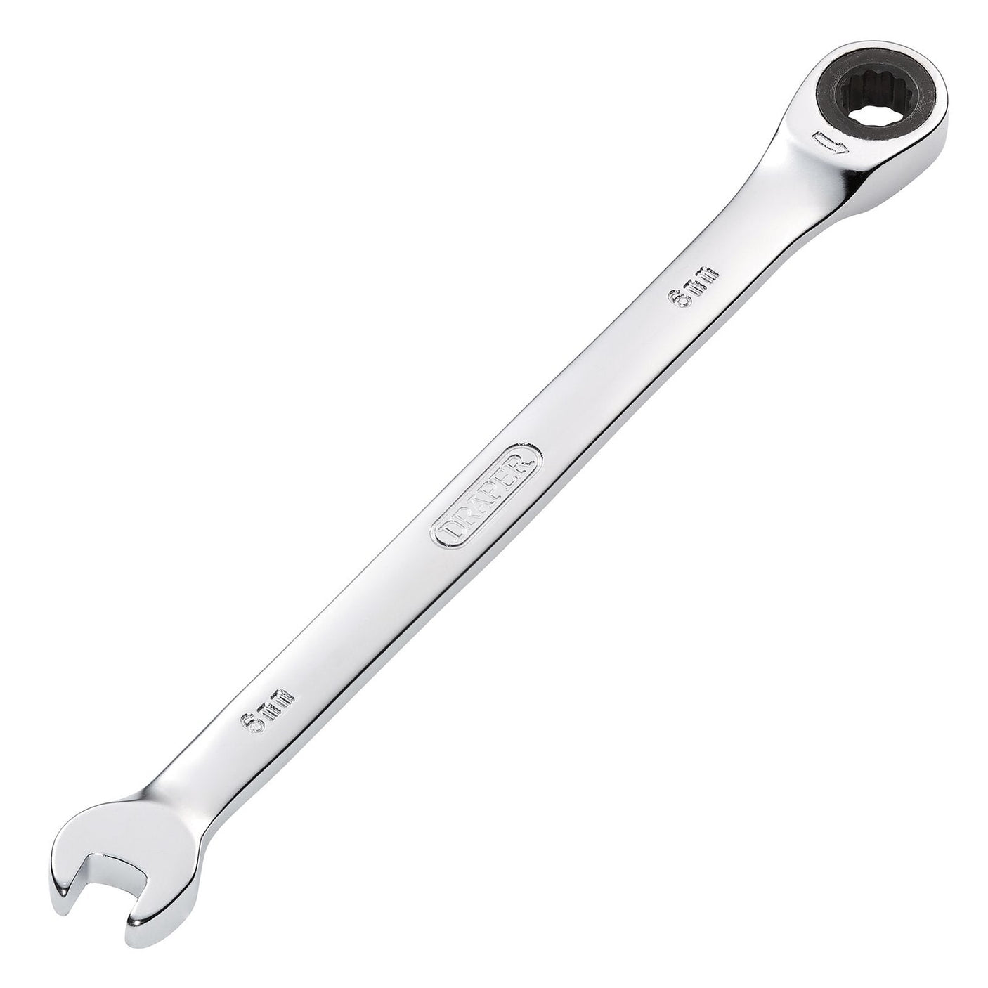 The Draper Metric Ratcheting Combination Spanner, 6mm - 8230MM is a chrome vanadium steel tool featuring a closed ratcheting HI-TORQ ring and an open end, marked with "8 x 10 mm.