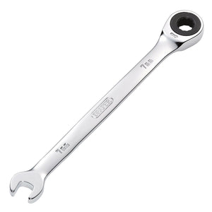 The Draper Metric Ratcheting Combination Spanner, 7mm - 8230MM is a robust tool made from durable chrome vanadium steel, featuring an open-end and a HI-TORQ ring end for versatile use.