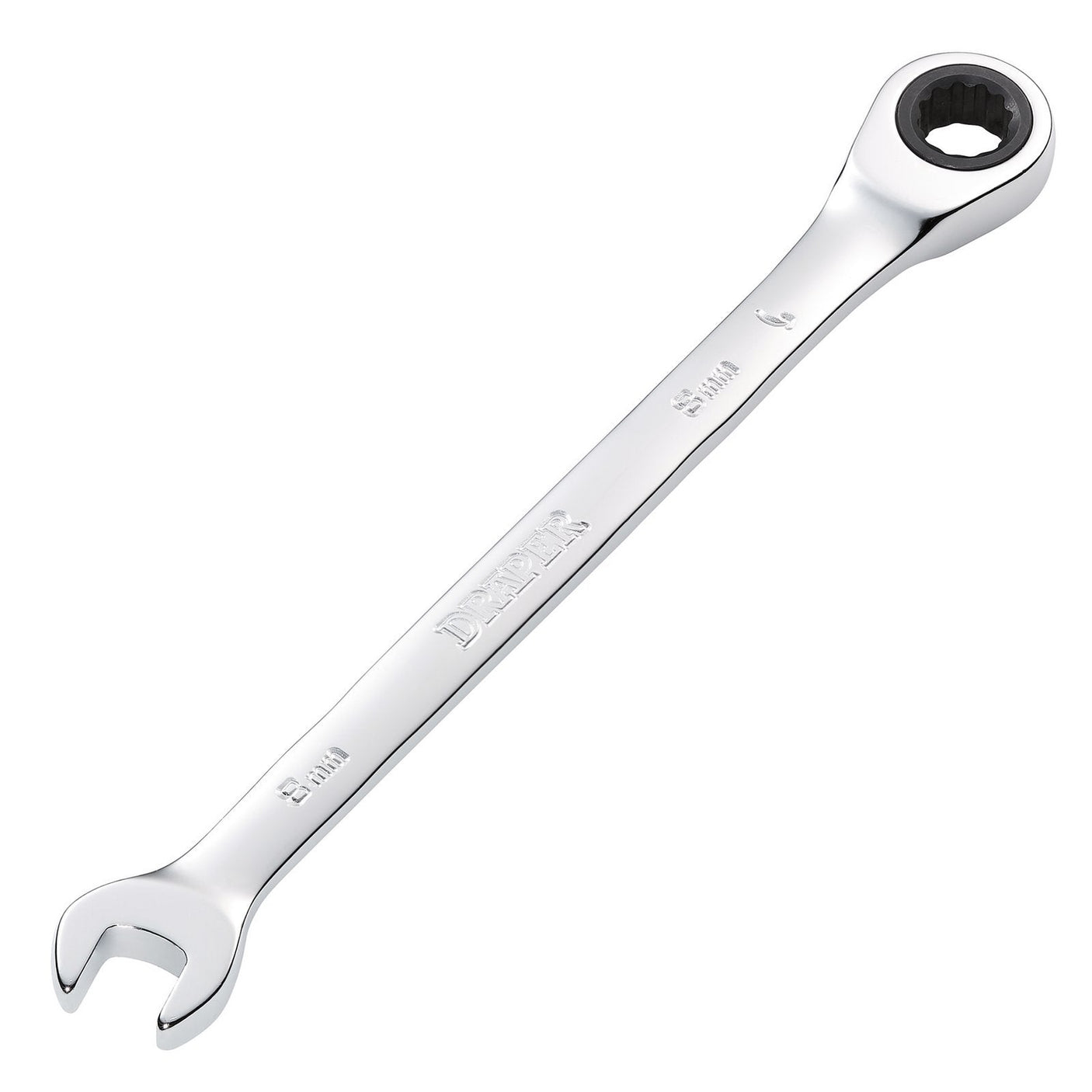 The Draper Metric Ratcheting Combination Spanner, 8mm - 8230MM, features a chrome vanadium steel construction with a 72 teeth ratcheting mechanism and a HI-TORQ ring end. It is designed with measurements "8x5/16" and "65 mm".