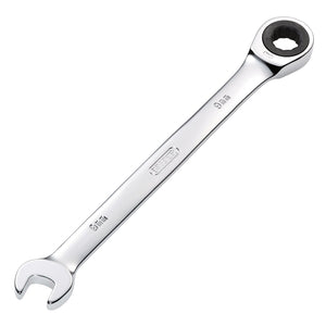 The Draper Metric Ratcheting Combination Spanner, 9mm - 8230MM is a chrome vanadium steel wrench featuring an open-end on one side and a 72 teeth ratcheting HI-TORQ ring end on the other, marked with "9 mm".