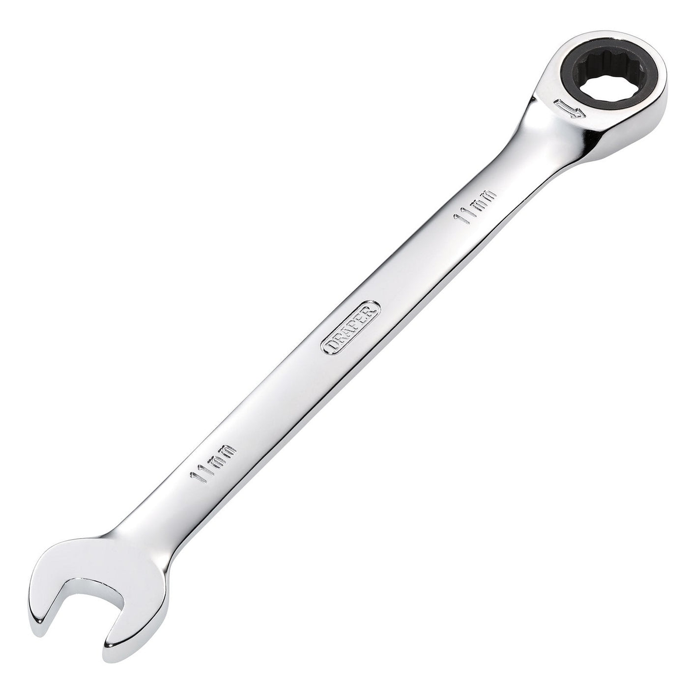 The Draper Metric Ratcheting Combination Spanner, 11mm - 8230MM, is a durable tool featuring an open end on one side and a 72 teeth ratcheting box end on the other, made from robust chrome vanadium steel.