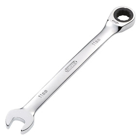 The Draper Metric Ratcheting Combination Spanner, 11mm - 8230MM, is a durable tool featuring an open end on one side and a 72 teeth ratcheting box end on the other, made from robust chrome vanadium steel.