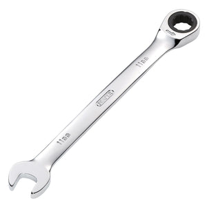 The Draper Metric Ratcheting Combination Spanner, 11mm - 8230MM, is a durable tool featuring an open end on one side and a 72 teeth ratcheting box end on the other, made from robust chrome vanadium steel.