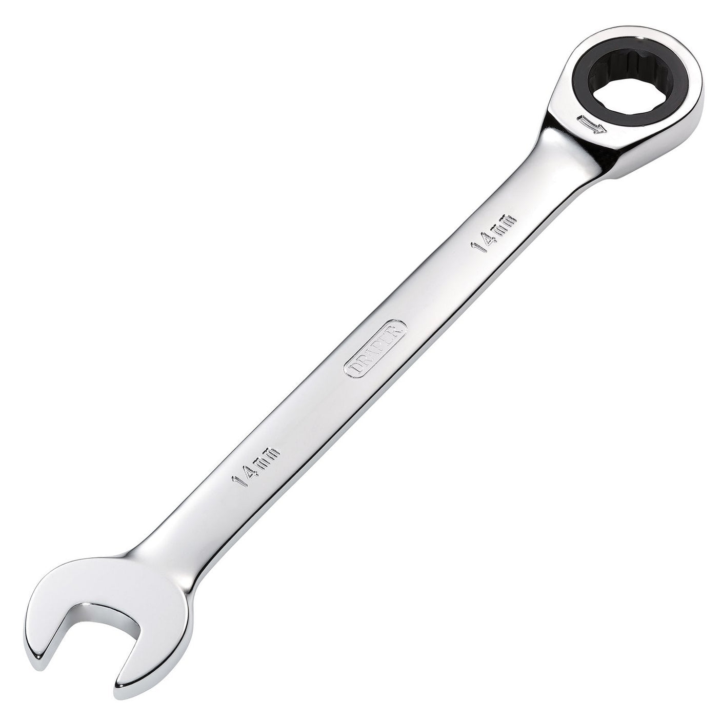 A Draper Metric Ratcheting Combination Spanner, 14mm - 8230MM, made from chrome vanadium steel with a silver finish. It features an open-end on one side and a 72 teeth ratcheting mechanism with a HI-TORQ ring on the other, marked with "14mm" and the Draper brand name in the middle.