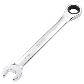 The Draper Metric Ratcheting Combination Spanner, 19mm - 8230MM, features an open end on one side and a HI-TORQ ring with a ratcheting mechanism on the other, crafted from durable chrome vanadium steel.