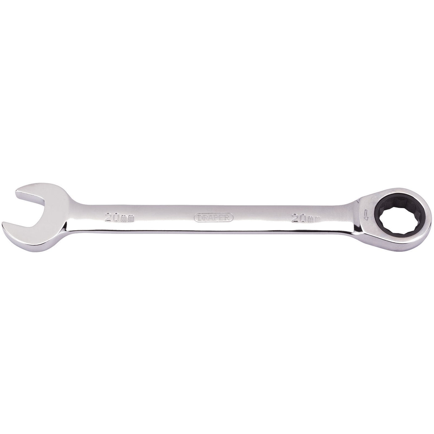 The Draper Metric Ratcheting Combination Spanner, 20mm - 8230MM by Draper is a silver wrench made from durable chrome vanadium steel, featuring an open-end on one side and a 72 teeth ratcheting box-end on the other.