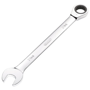 The Draper Metric Ratcheting Combination Spanner, 21mm - 8230MM, features a chrome vanadium steel build with an open-end and a 72-teeth ratchet box end.