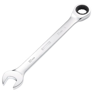 Close-up of the Draper Metric Ratcheting Combination Spanner, 22mm - 8230MM, featuring an open end and a 72 teeth ratcheting box end, crafted from chrome vanadium steel with a chrome finish and "Draper" branding on the handle.