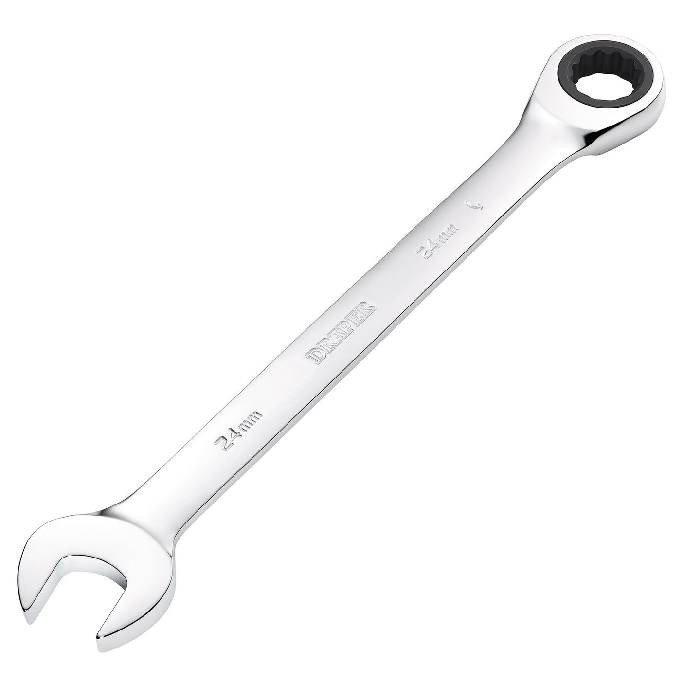 The Draper Metric Ratcheting Combination Spanner, 24mm - 8230MM by Draper, is a chrome-finished wrench with an open-end on one side and a HI-TORQ ring end featuring a 72 teeth ratcheting mechanism on the other, crafted from durable chrome vanadium steel.