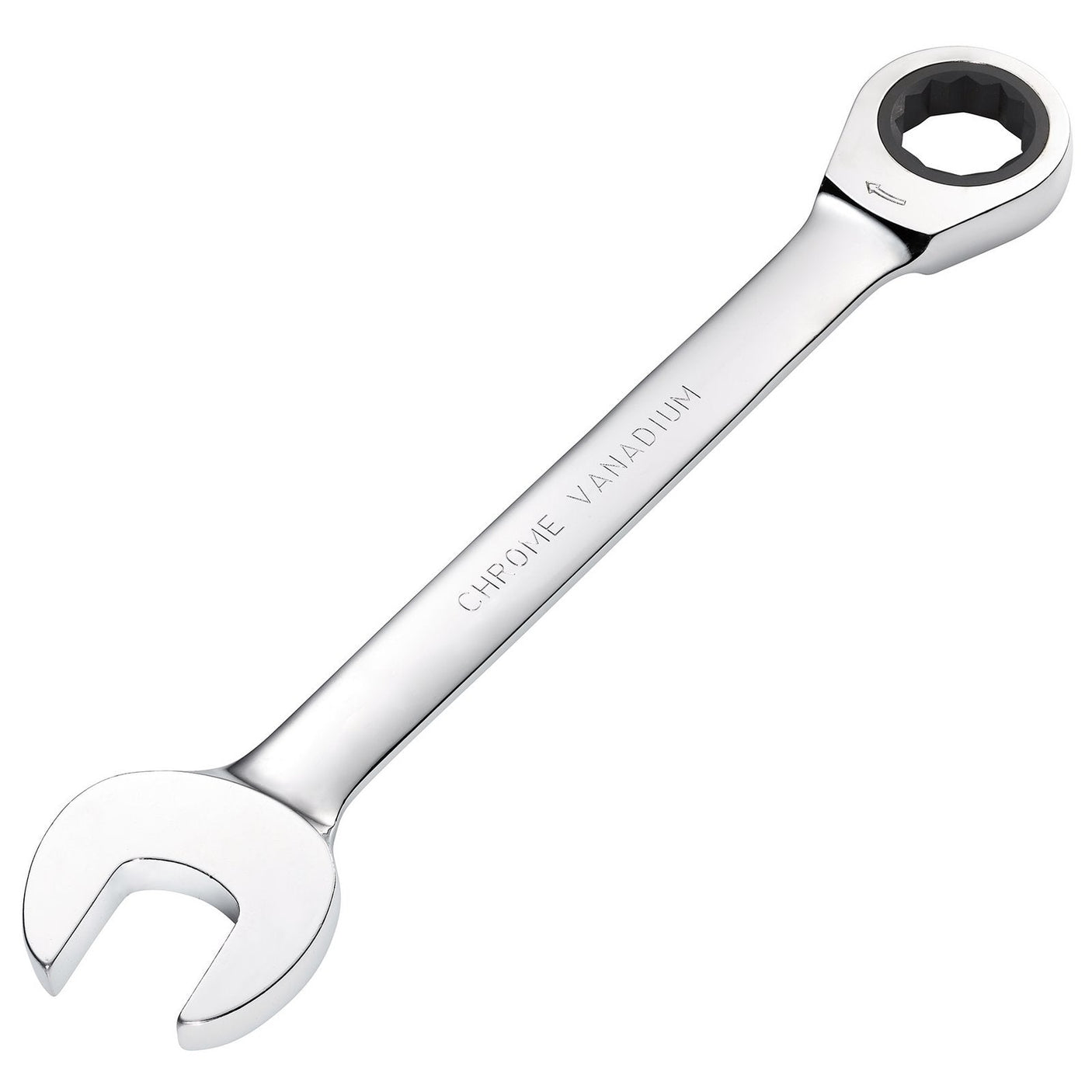 The Draper Metric Ratcheting Combination Spanner, 25mm - 8230MM, features chrome vanadium steel construction with an open-end on one side and a HI-TORQ ring ratcheting box end on the other.