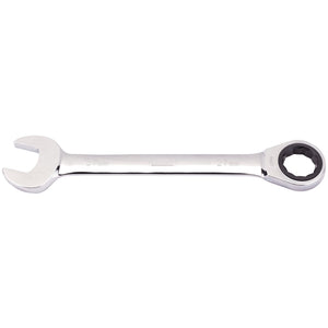 The Draper Metric Ratcheting Combination Spanner, 27mm - 8230MM is a double-ended wrench made of durable chrome vanadium steel, featuring an open end on the left and a HI-TORQ 72 teeth ratcheting box end on the right.