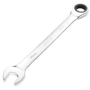 The "Draper Metric Ratcheting Combination Spanner, 30mm - 8230MM" by Draper is a chrome vanadium steel wrench that features an open-ended grip on one side and a circular HI-TORQ ring end with a 72 teeth ratcheting mechanism on the other.