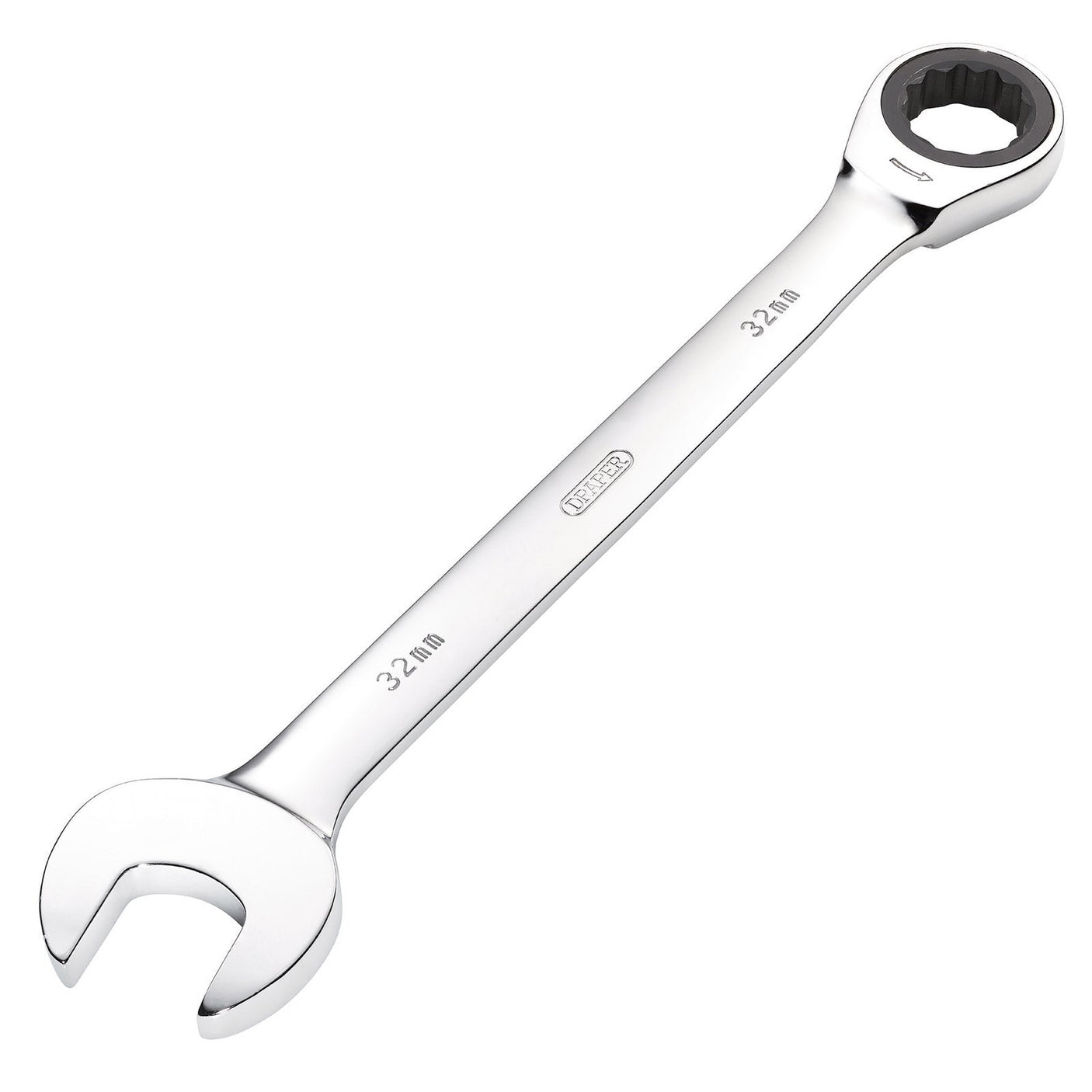 The Draper Metric Ratcheting Combination Spanner, 32 mm - 8230MM, is a silver tool made from durable chrome vanadium steel. It features an open-ended spanner on one side and a HI-TORQ ring spanner with a 72 teeth ratcheting mechanism on the other.