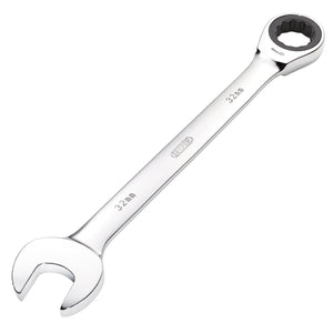 The Draper Metric Ratcheting Combination Spanner, 32 mm - 8230MM, is a silver tool made from durable chrome vanadium steel. It features an open-ended spanner on one side and a HI-TORQ ring spanner with a 72 teeth ratcheting mechanism on the other.