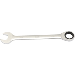 The Draper Metric Ratcheting Combination Spanner, 34mm - 8230MM, is a silver tool with an open-ended jaw on one side and a HI-TORQ ring end featuring a 72 teeth ratcheting mechanism on the other, made from durable chrome vanadium steel.