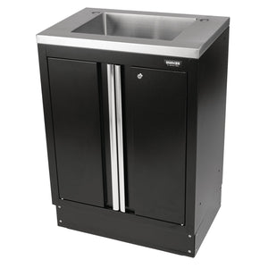 The Draper Bunker® Modular Floor Cabinet With Sink, 2 Door, 680mm - MS400-2BC/S is a black and stainless steel sink cabinet featuring a single sink basin, two vertically opening doors, and an adjustable shelf as part of the BUNKER® modular storage system.