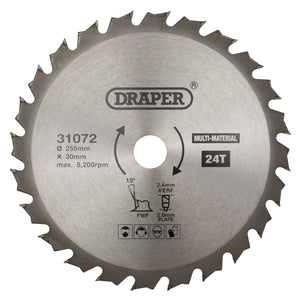 The Draper Tct Multi-Purpose Circular Saw Blade, 255 x 30mm, 24T - SBM7 is specifically engineered for multi-material cutting, featuring a robust design with 24 teeth and a diameter of 255mm. It operates efficiently at a maximum speed of 5,200 RPM and includes essential safety icons at the bottom for secure use.