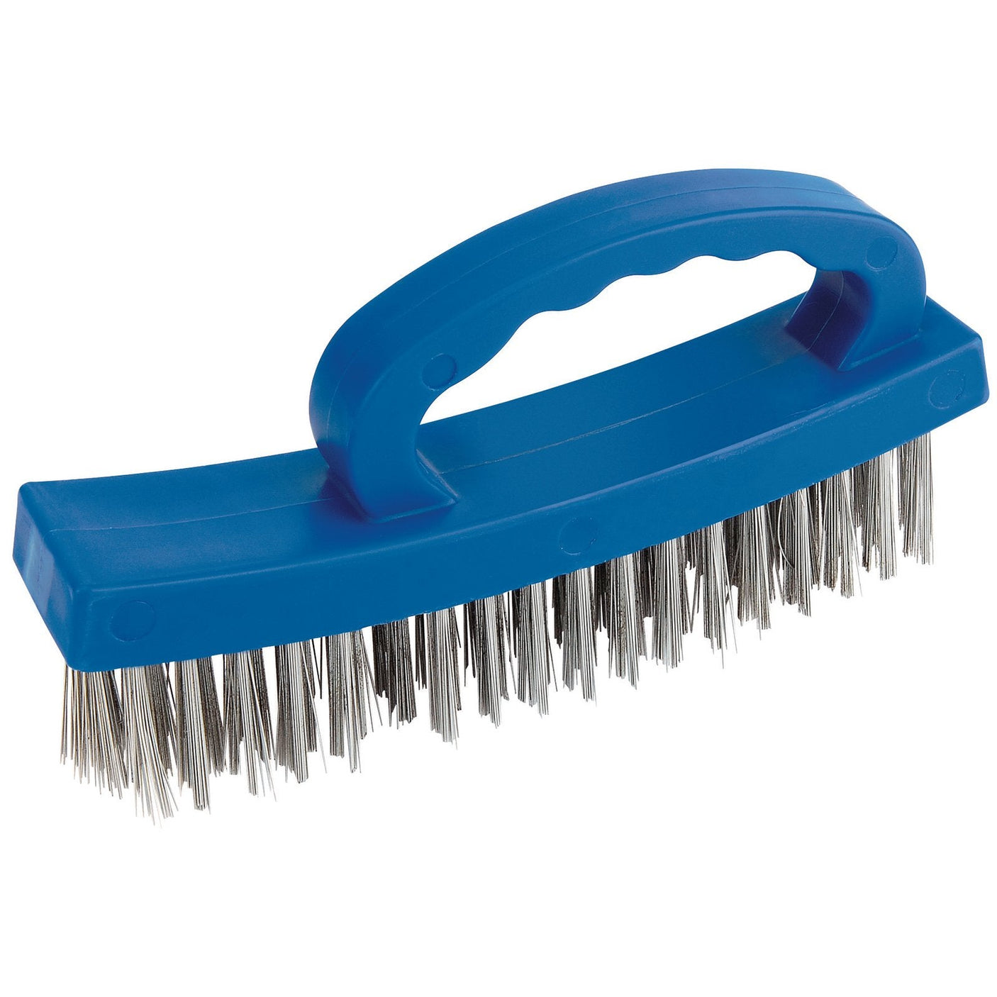 The Draper D-Handle Wire Brush, 160mm - WB-PH3 is a blue plastic wire brush featuring a handle with short, stiff metal bristles and a robust design, making it ideal for cleaning corners.