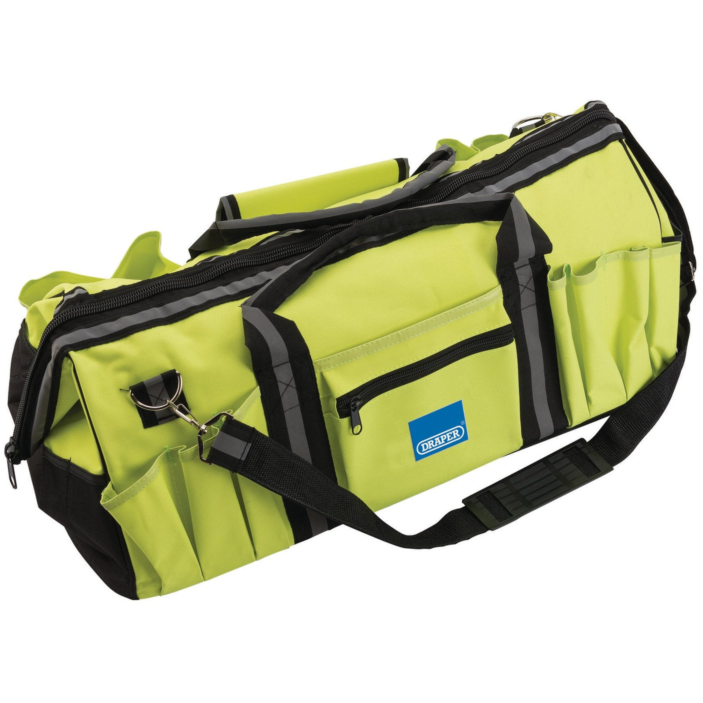 The Draper Hi-Vis Tool Bag, 600mm - HVTB, features a bright green design with multiple exterior pockets of various sizes, reinforced handles, a shoulder strap, and hi-vis reflective strips.