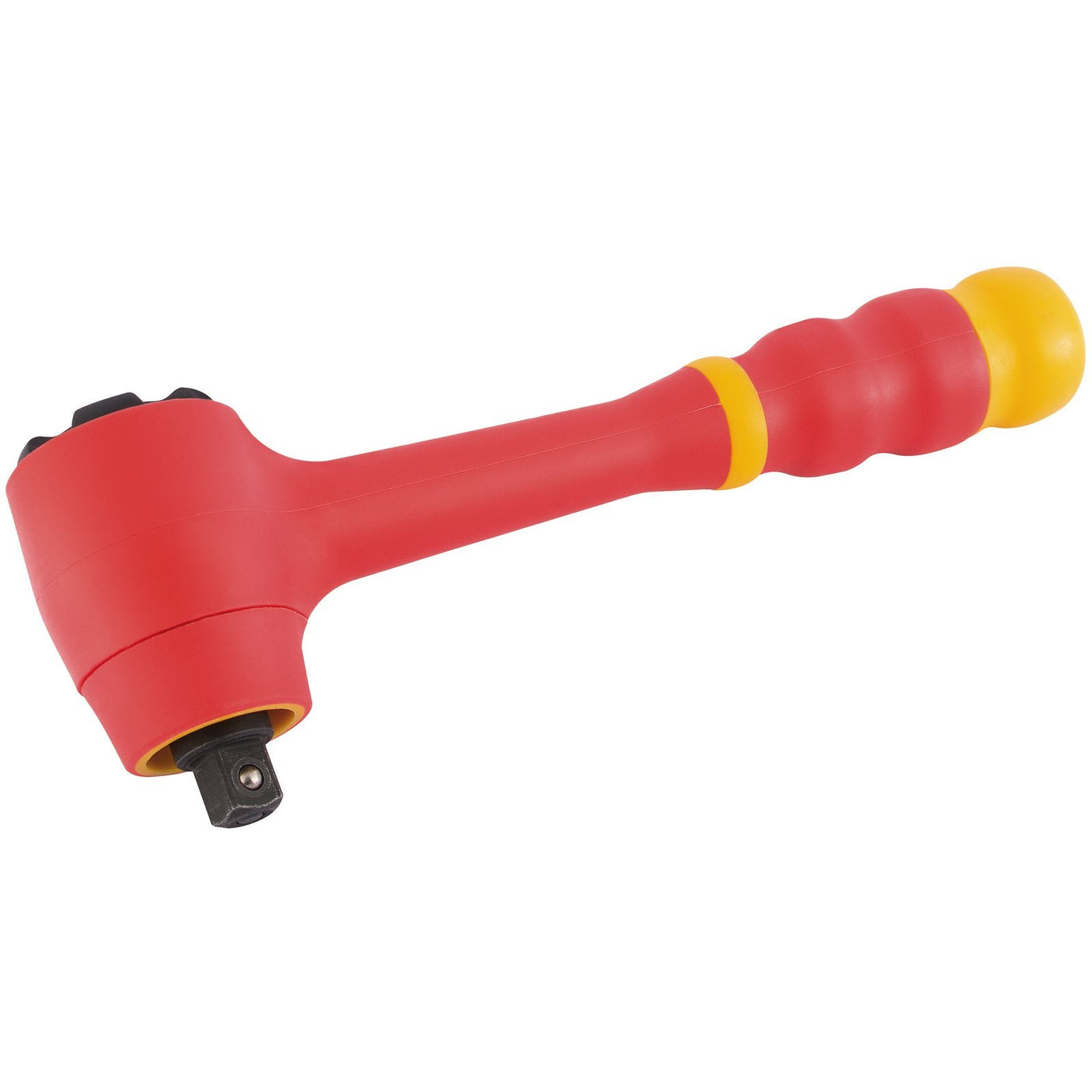 The Draper Vde Reversible Ratchet With Soft Grip Handle, 3/8" Sq. Dr. - D60VDE by Draper is a ratchet wrench with a red and yellow ergonomic handle, featuring a round head and an insulation sleeve for safe live working.