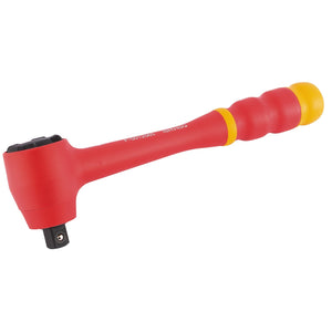 The Draper Vde Reversible Ratchet With Soft Grip Handle, 1/2" Sq. Dr. - H60VDE is a red insulated ratchet wrench with a yellow-tipped handle designed for electrical work, conforming to EN 60900 standards and rated for 1000V AC.