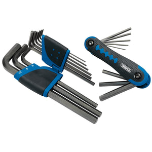 The Draper Metric Hexagon Set (17 Piece) - HK17, made from durable chrome vanadium steel, includes two convenient holders with a variety of hex key sizes. One holder has an L-shaped design for ease of use, while the other boasts a foldable compact design with non-slip grips. Both holders feature stylish black and blue accents and are branded under Draper.