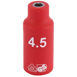 The Draper Fully Insulated Vde Socket, 1/4" Sq. Dr., 4.5mm (B6VDE-MM) is red with white text indicating its 4.5mm size and certification marks on the lower part of the socket. It has been tested to withstand 10,000V and complies with DIN standards.