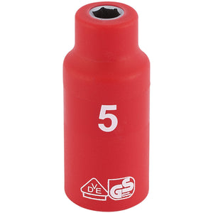 A Draper Fully Insulated VDE Socket, 1/4" Sq. Dr., 5mm (B6VDE-MM) in red, featuring a 6 point design, a '5' label, and certification logos printed on it, made from durable chrome vanadium steel.