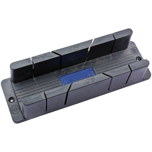 A Draper Midi Mitre Box, measuring 290 x 58 x 56mm, is constructed from impact-resistant recycled black plastic and features slots at various angles for precise cutting. The brand name "Draper" is marked in blue.