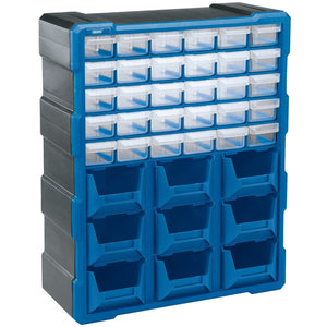 The Draper 30 Drawer 9 Bin Organiser - POC39, by Draper, features multiple small, transparent drawers on the top two-thirds and larger, blue drawers on the bottom third, making it an ideal garage organiser.