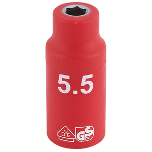 A Draper Fully Insulated VDE Socket, 1/4" Sq. Dr., 5.5mm - B6VDE-MM, in red with the number "5.5" printed on it, features VDE and GS certifications and is crafted from durable chrome vanadium steel.