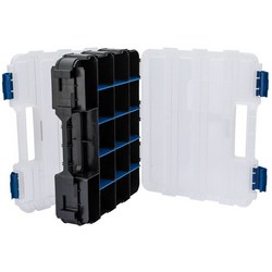 The Draper Double Sided Organiser - QCD34, made of high-impact plastic, is open to display its interior with flexible, configurable compartments ideal for organizing small items. The sleek design features a white and black outer casing with striking blue latches.