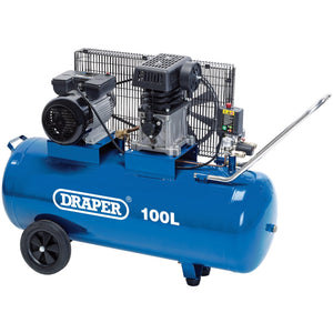 The Draper 100L Belt-Driven Air Compressor, 2.2Kw/3Hp - DA100/330, features a blue tank with a black motor, handle, and wheels. It includes thermal motor protection for added safety, and the brand logo along with the capacity are printed on the tank.