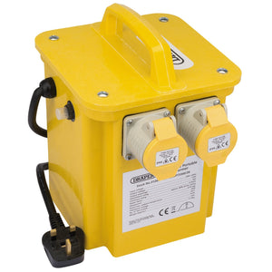 The Draper 230V to 110V Portable Site Transformer, model DPT3300/2B, is equipped with dual sockets and a carrying handle. It features various labels on the front side and supports 110V power tools with thermal overload protection for enhanced safety. This yellow transformer also comes with a black cord and a UK plug.