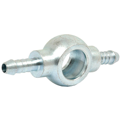 The Banjo Fitting E Ø8mm DN02 3.00mm by Sparex (Sparex Part No. S.31280) is a double metallic ball valve fitting with two barbed hose connections for a Hose I/D of 3mm on either side and a central circular opening.