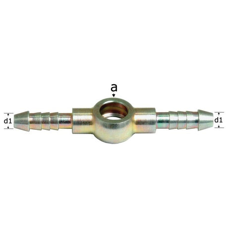 A Sparex Banjo Fitting E Ø8mm DN02 3.00mm, labeled "d1" on both sides with hose barb ends and a central hole labeled "a", designed for Hose I/D 3mm.