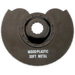 The Draper Offset Combination Blade - APT250D, featuring serrated edges and a central mounting hole, is designed for cutting materials like wood, plastic, and soft metal. It's an essential accessory for any oscillating tool kit.