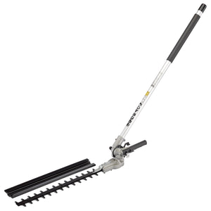 The Draper Hedge Trimming Attachment, 400mm - GTA3B, is a long-handled articulated trimmer with a silver and black design, boasting a variable angled head and a dual-action blade.